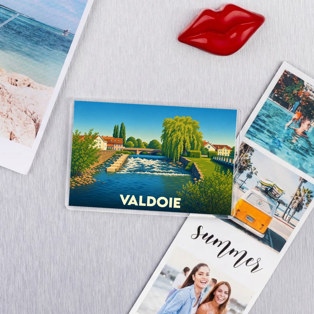 Magnet souvenir de la ville de Valdoie avec une illustration stylisée d'un paysage fluvial.