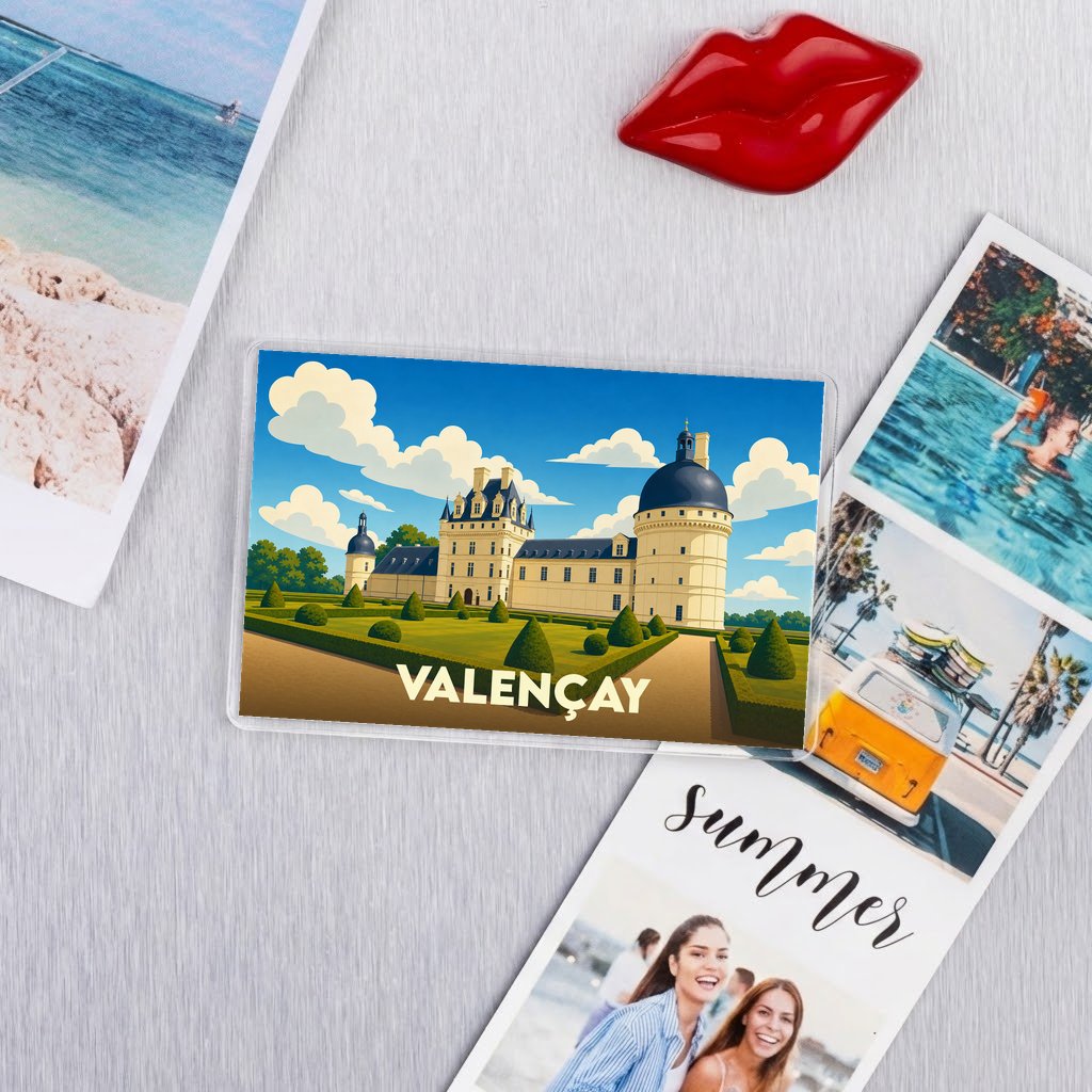 Magnet souvenir de la ville de Valençay avec une illustration stylisée de son château.