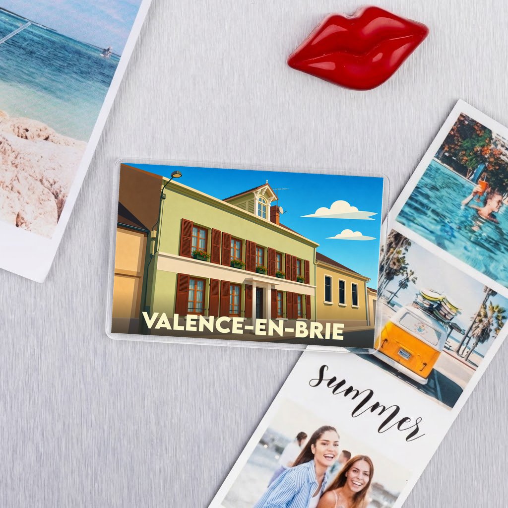 Magnet souvenir de la ville de Valence-en-Brie avec une illustration stylisée.