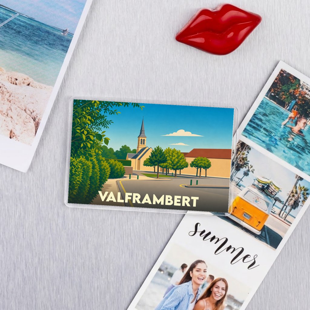 Magnet souvenir de la ville de Valframbert avec une illustration stylisée.