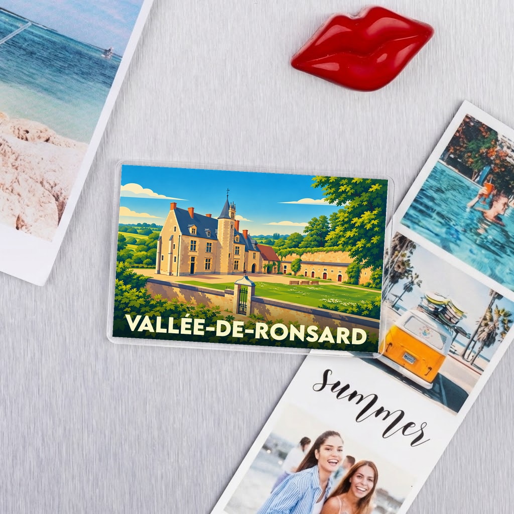 Magnet souvenir de la commune de Vallée-de-Ronsard avec une illustration stylisée de son patrimoine.