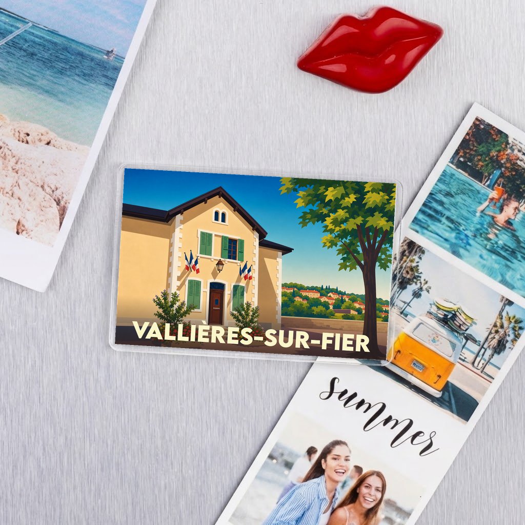 Magnet rectangulaire souvenir de Vallières-sur-Fier avec une illustration stylisée de la mairie.