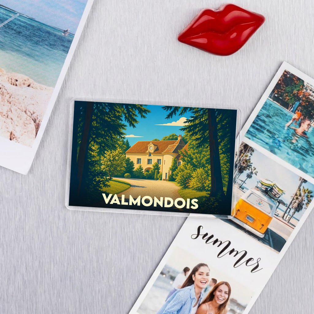 Magnet souvenir de la ville de Valmondois avec une illustration stylisée d'un manoir.