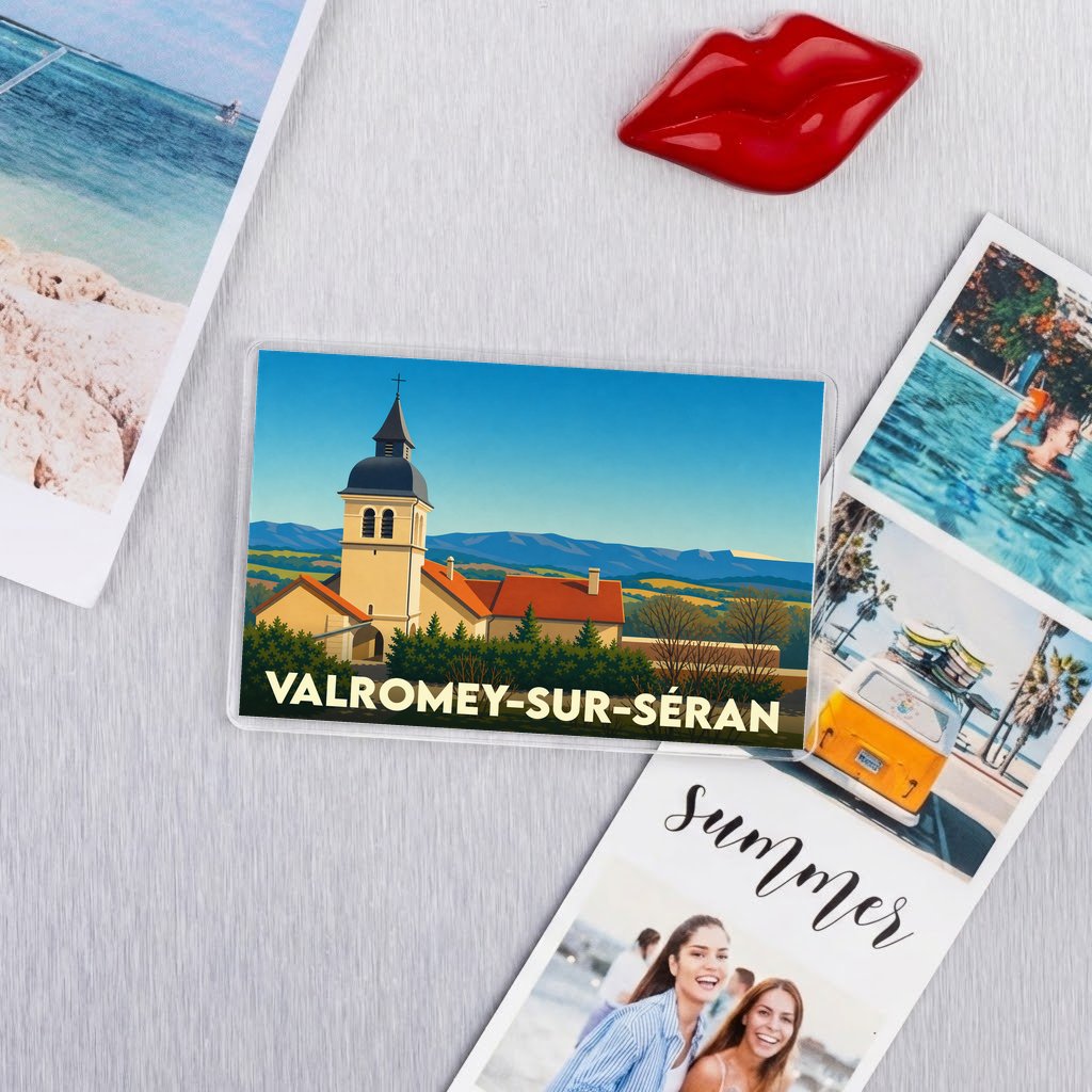 Magnet souvenir de la ville de Valromey-sur-Séran avec une illustration stylisée.