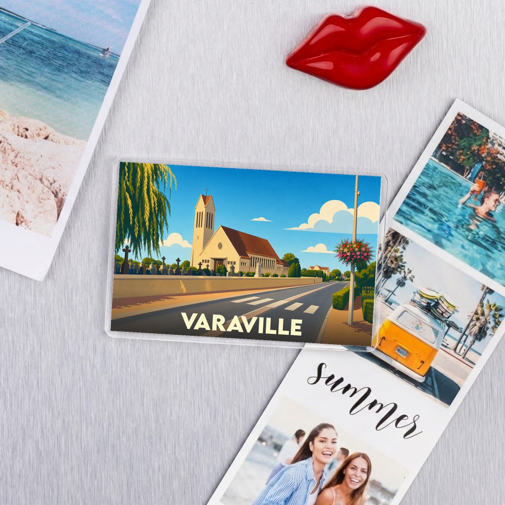 Magnet souvenir de la ville de Varaville avec une illustration stylisée.