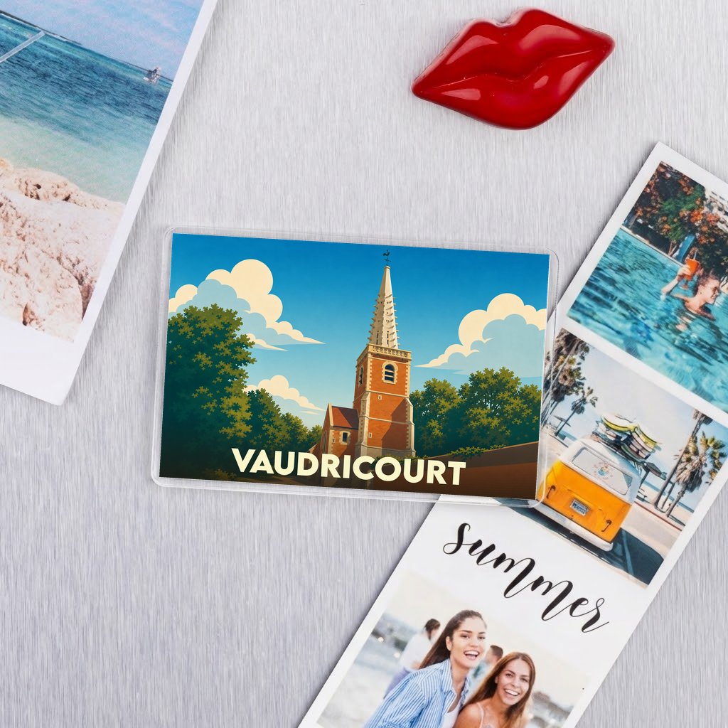 Magnet souvenir de la ville de Vaudricourt avec une illustration stylisée de son église.
