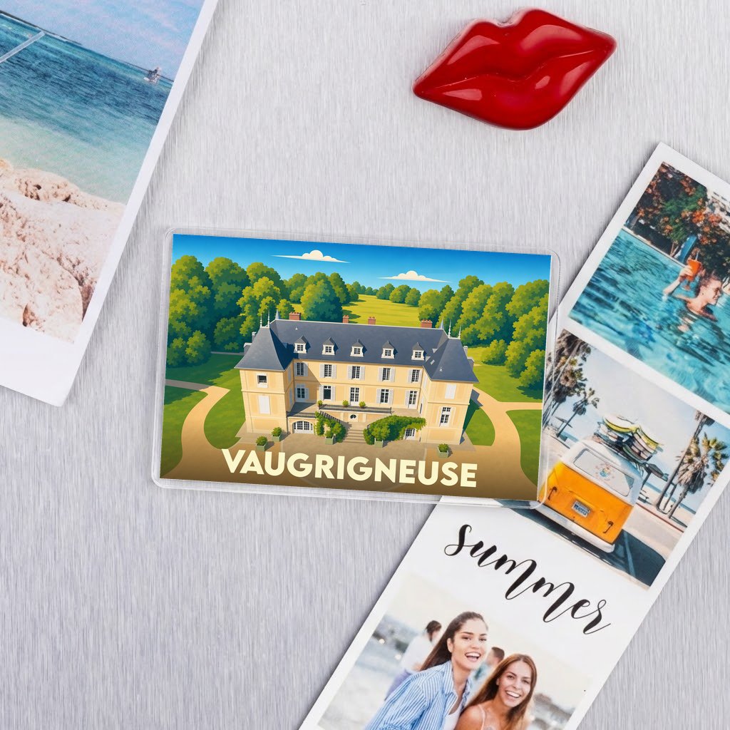 Magnet souvenir de la ville de Vaugrigneuse avec une illustration stylisée de son château.