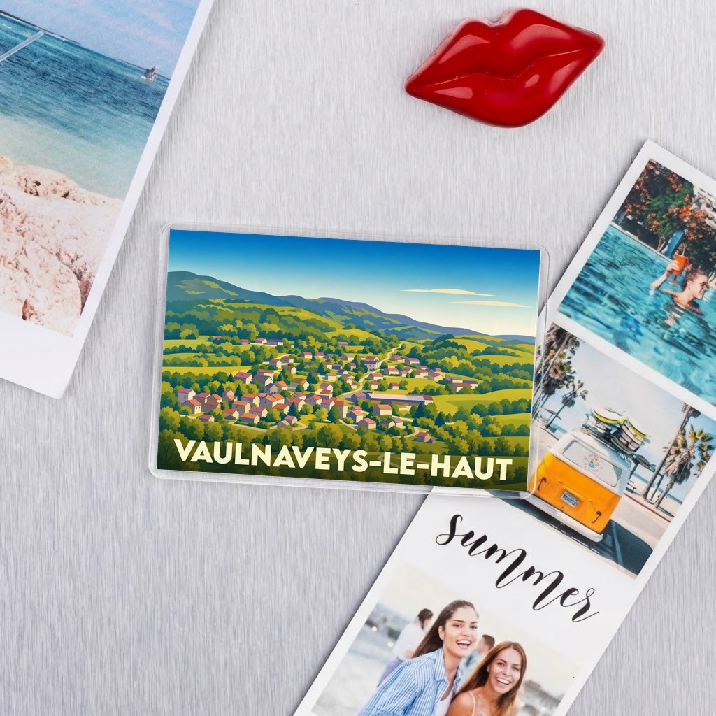 Magnet souvenir de la ville de Vaulnaveys-le-Haut avec une illustration de paysage panoramique.