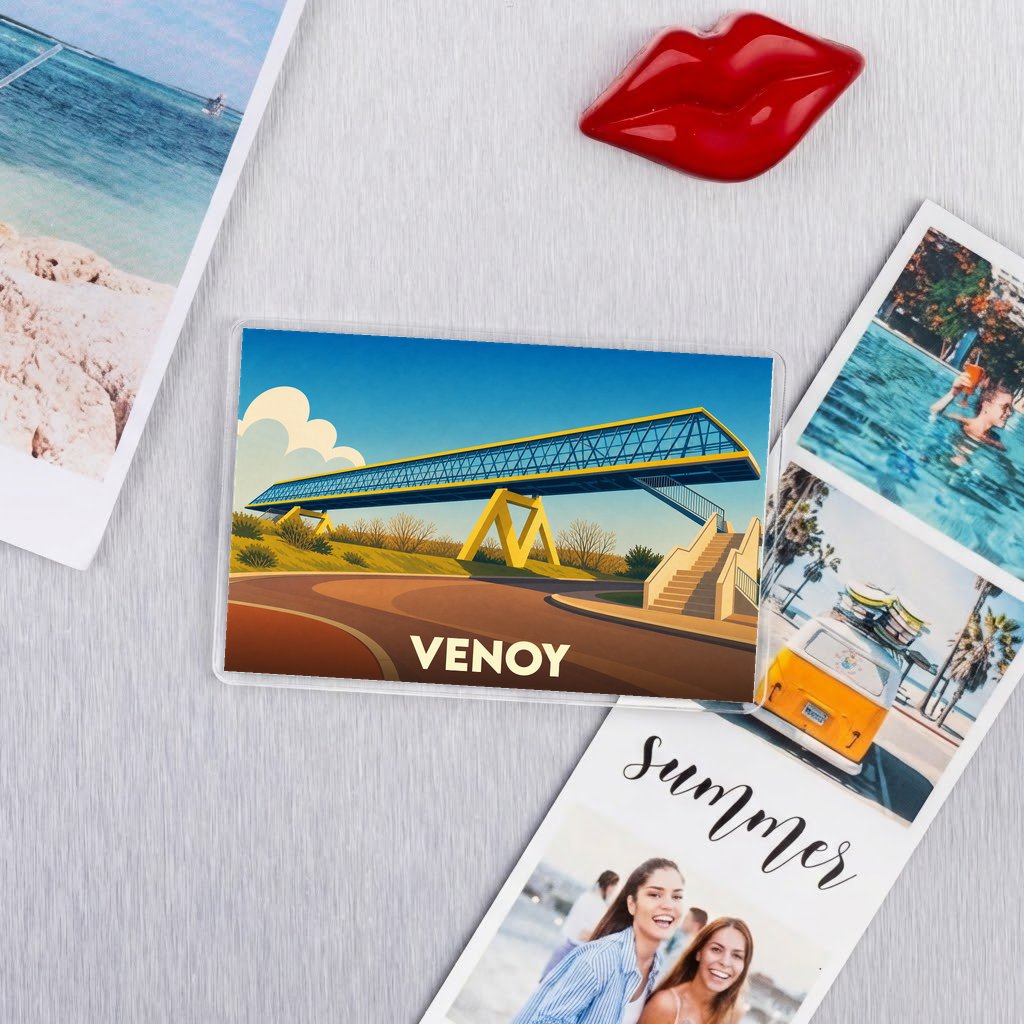 Magnet souvenir de la ville de Venoy avec une illustration stylisée de sa passerelle.