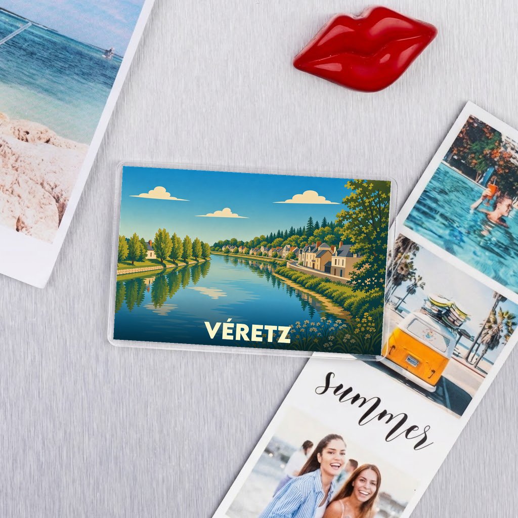 Magnet souvenir de la ville de Véretz avec une illustration stylisée des bords du Cher.