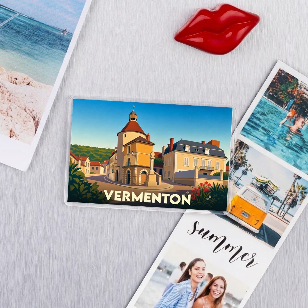 Magnet souvenir de la ville de Vermenton avec une illustration stylisée.