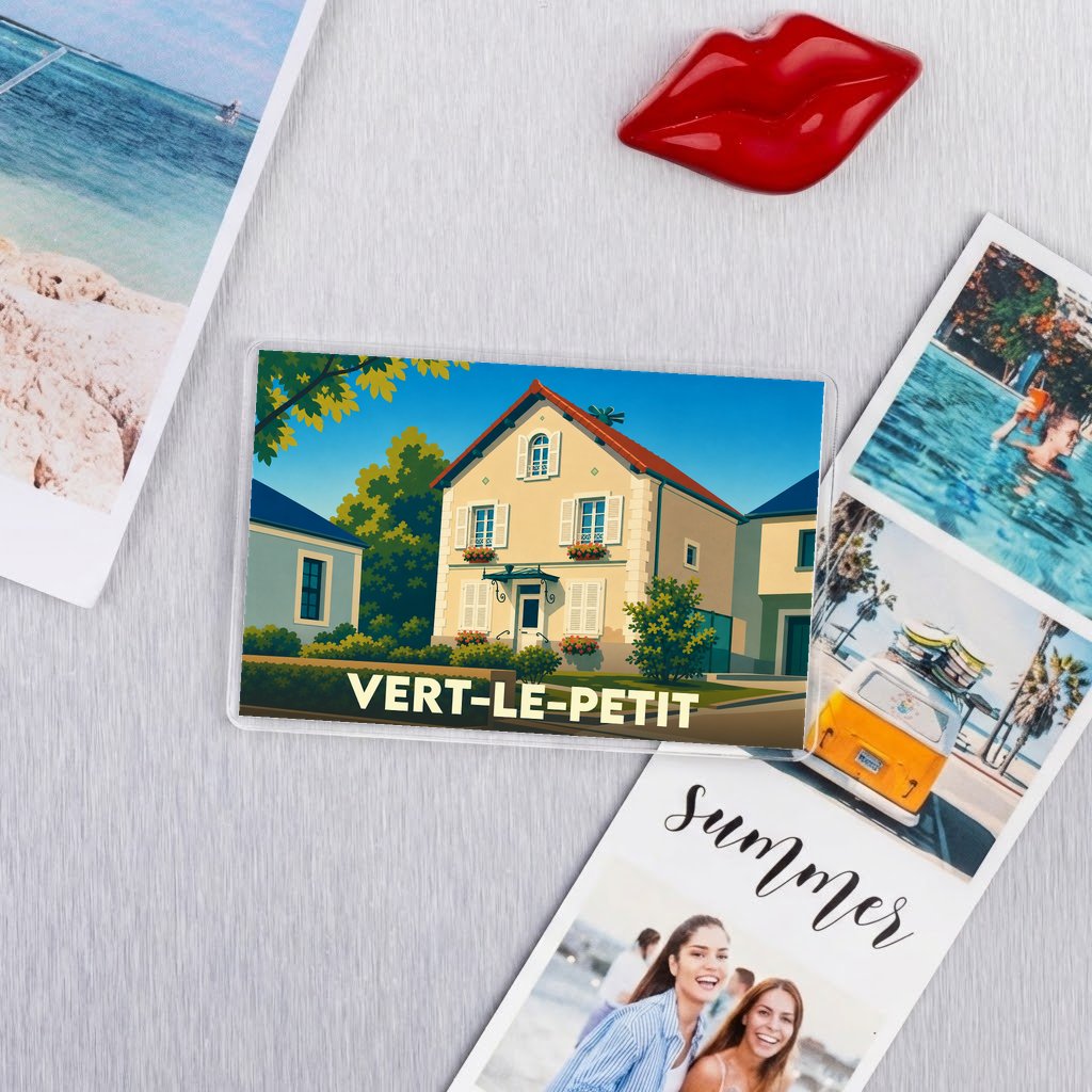 Magnet souvenir de la ville de Vert-le-Petit avec une illustration stylisée d'une maison traditionnelle.