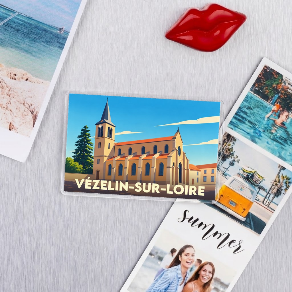 Magnet souvenir de Vézelin-sur-Loire avec une illustration stylisée de son église.