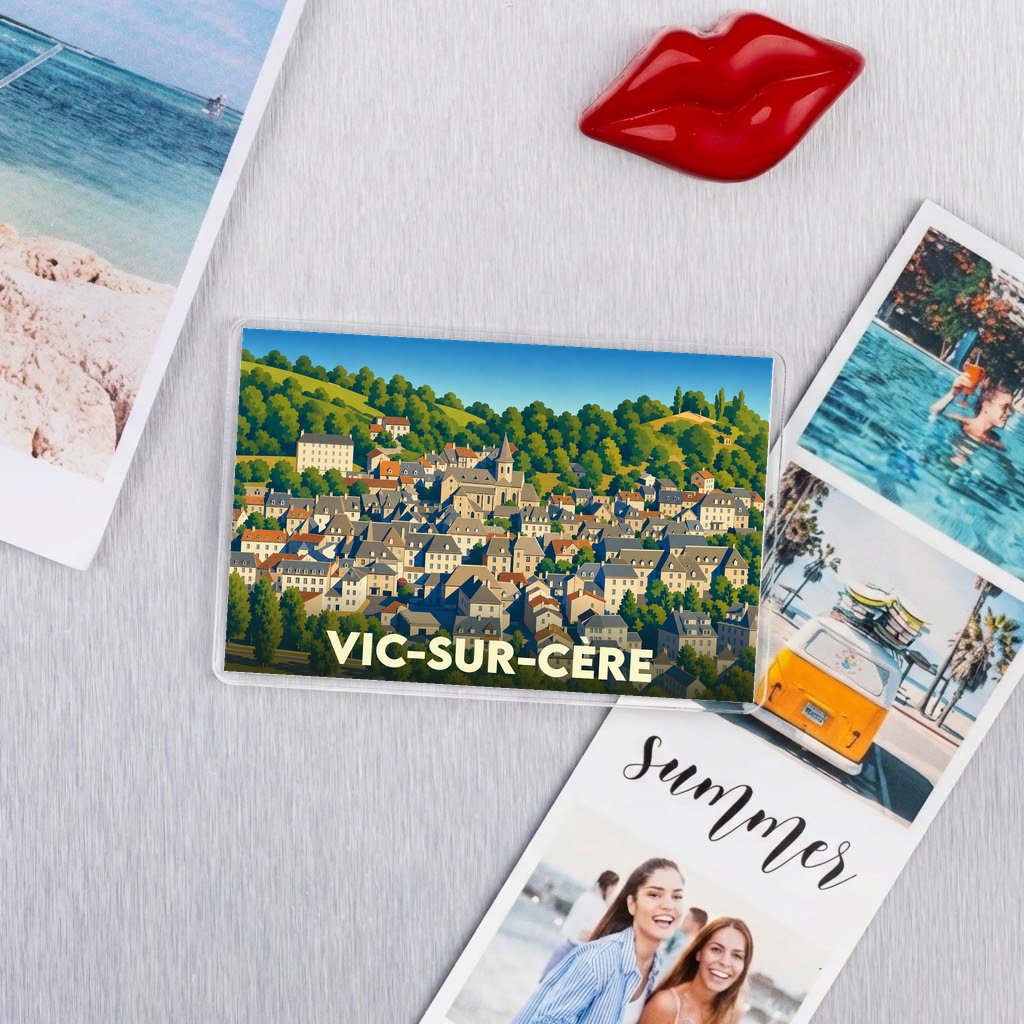 Magnet souvenir de la ville de Vic-sur-Cère avec une illustration colorée et stylisée du village.
