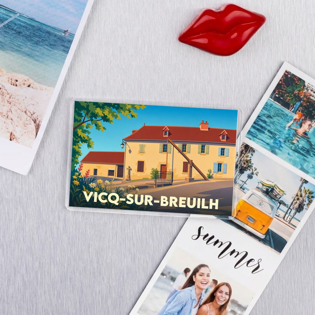 Magnet souvenir de la ville de Vicq-sur-Breuilh avec une illustration colorée et stylisée.