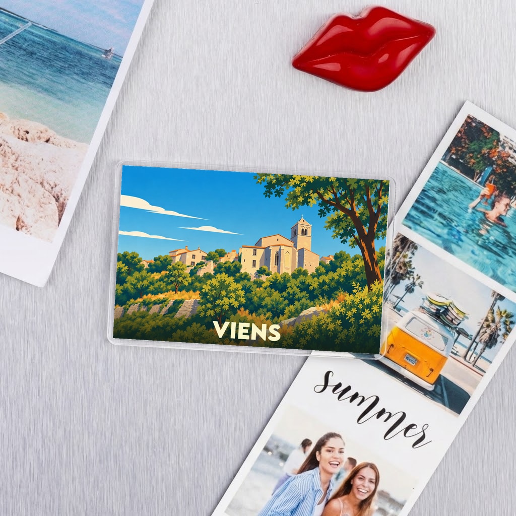 Magnet souvenir de la ville de Viens avec une illustration stylisée.