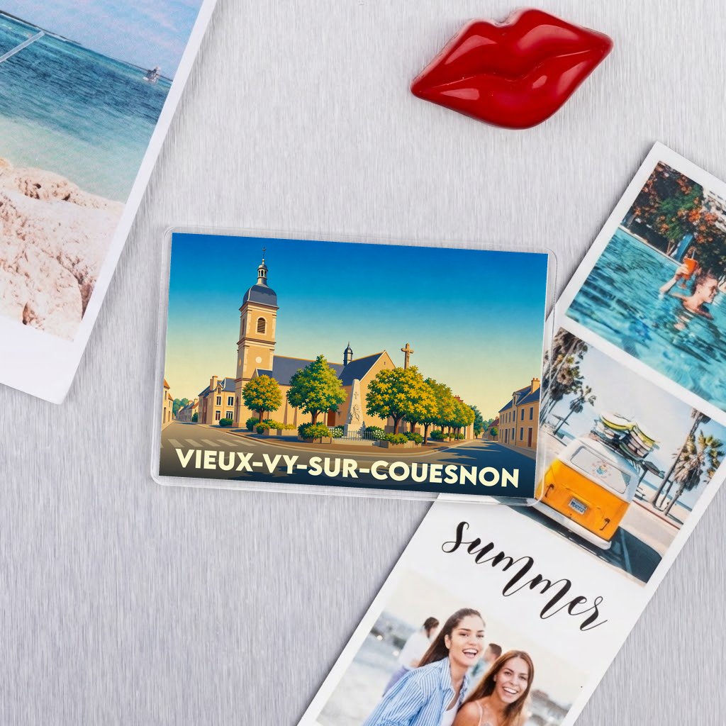 Magnet souvenir de la ville de Vieux-Vy-sur-Couesnon avec une illustration stylisée de son église.