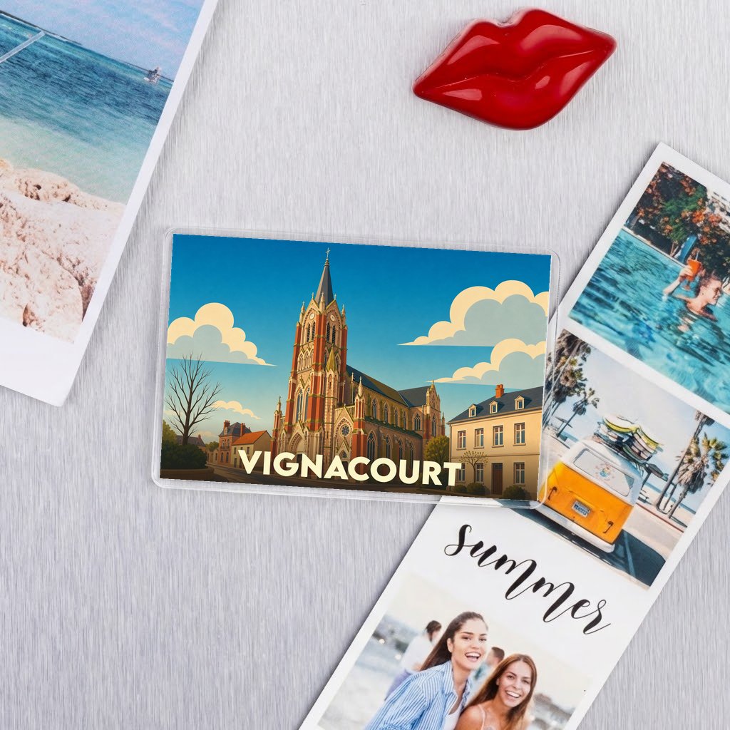 Magnet souvenir de la ville de Vignacourt avec une illustration stylisée d'une église.