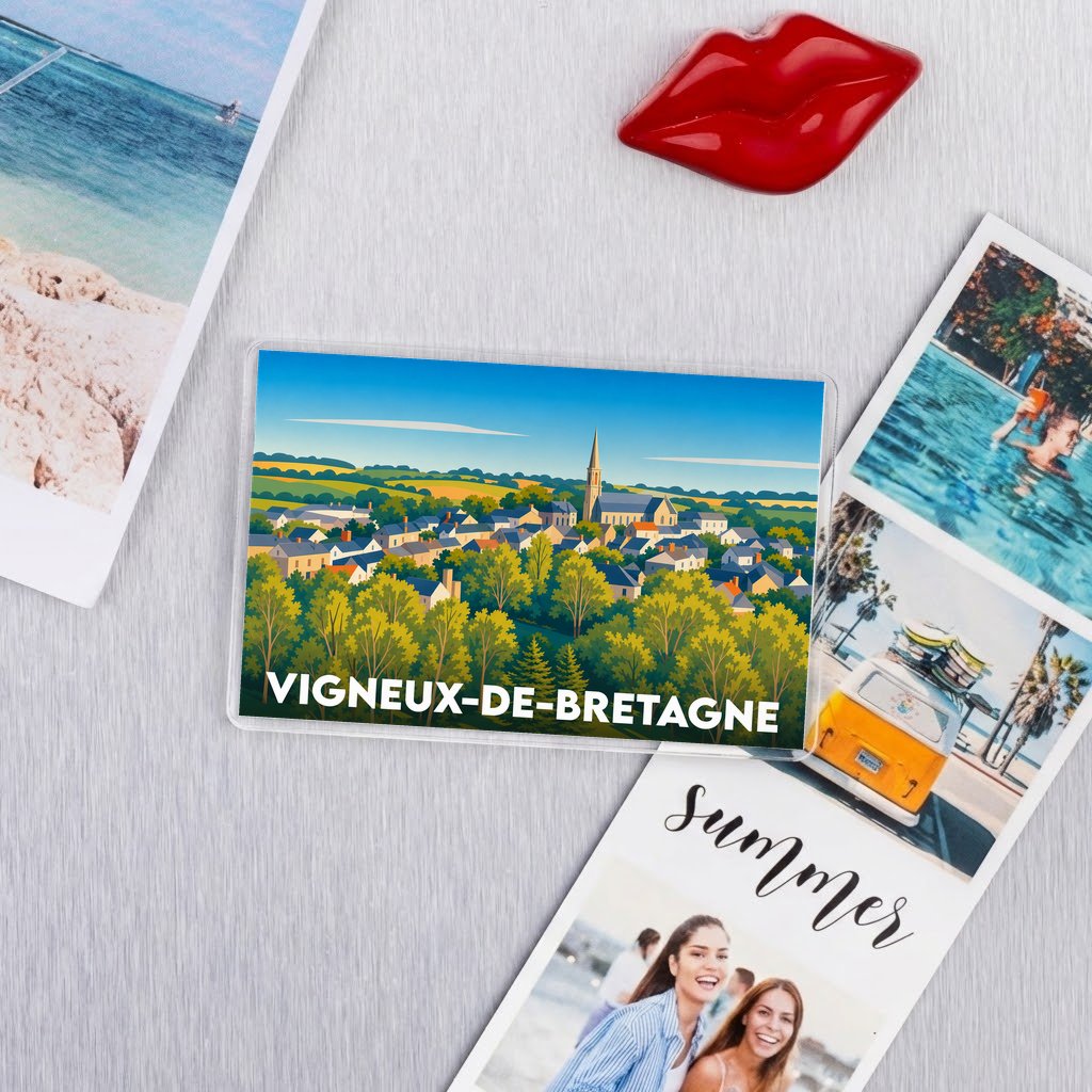 Magnet souvenir de la ville de Vigneux-de-Bretagne avec une illustration stylisée.