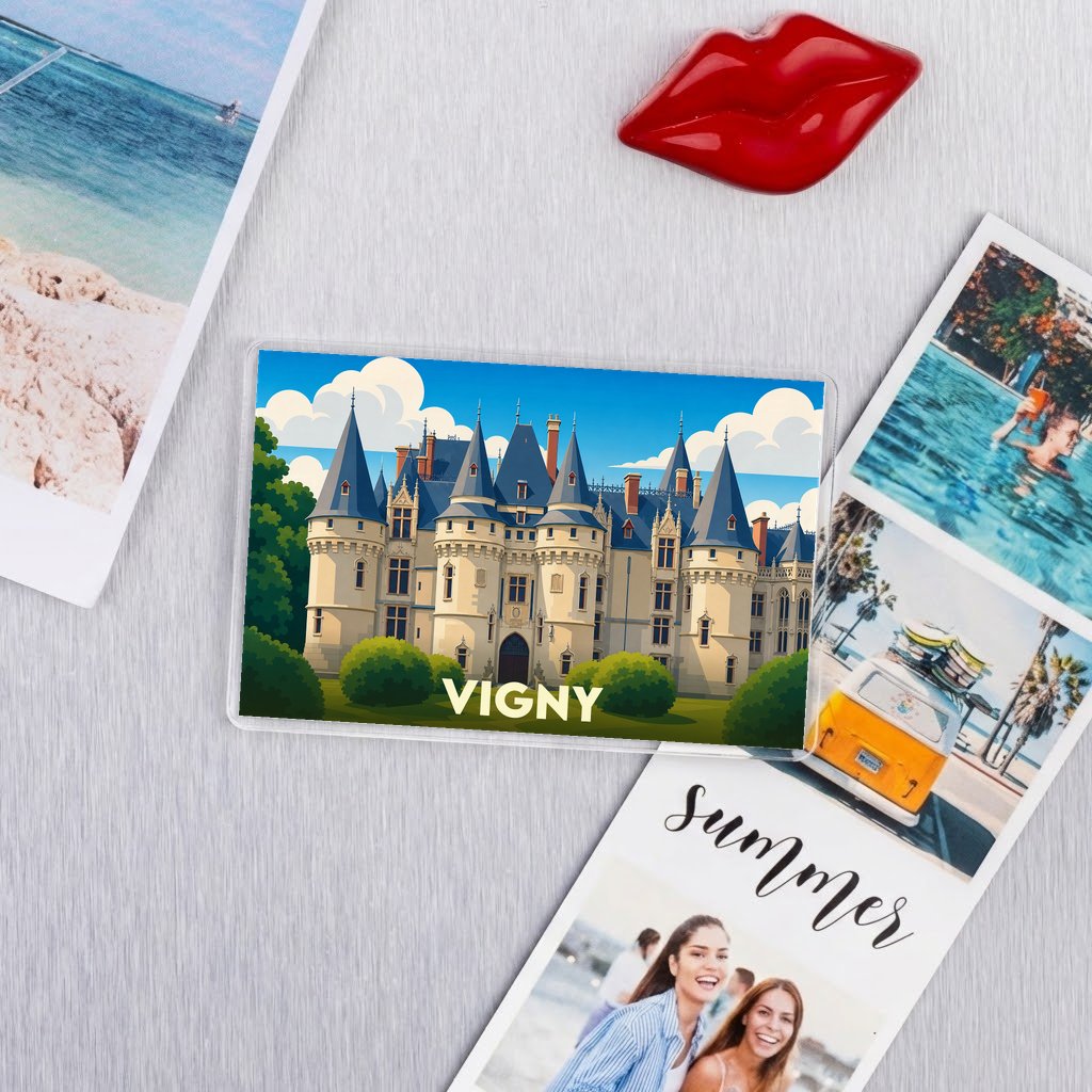 Magnet souvenir de la ville de Vigny avec une illustration stylisée de son château.