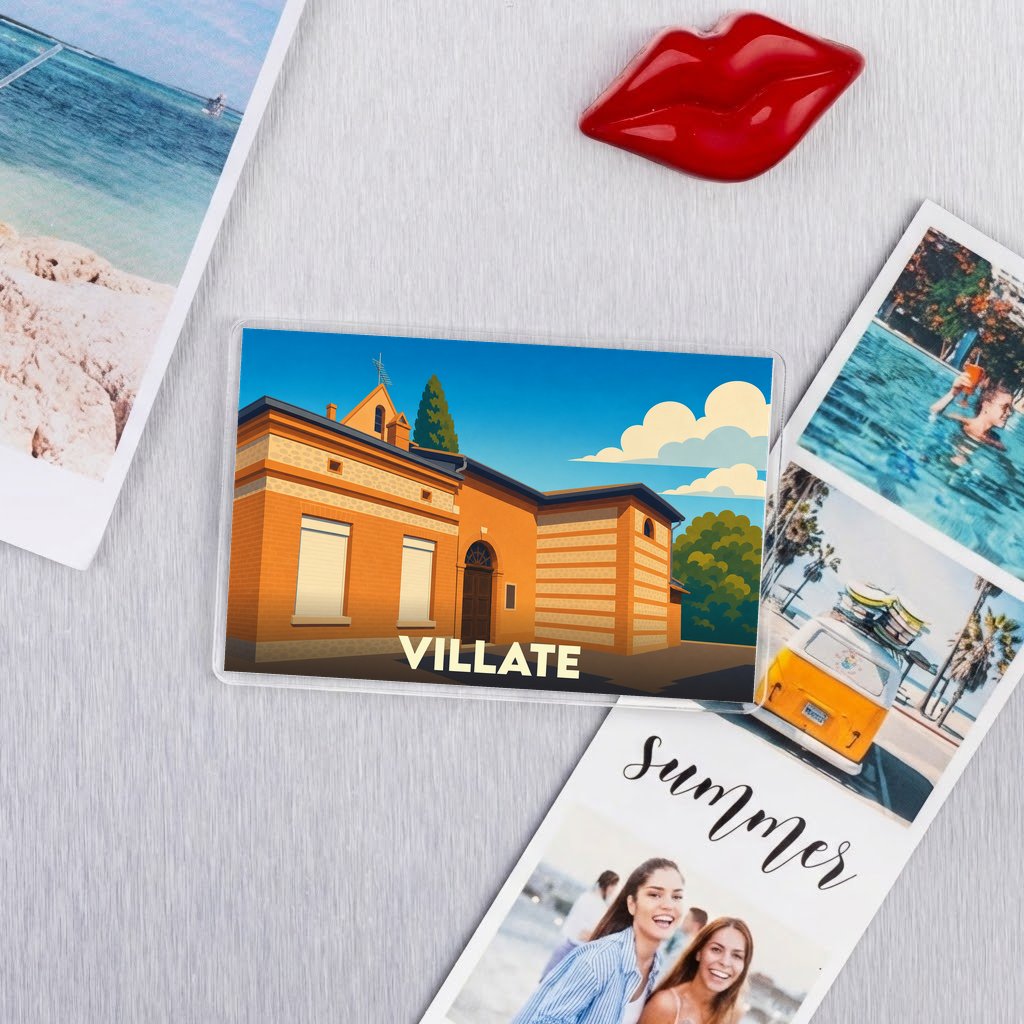 Magnet souvenir de la ville de Villate avec une illustration stylisée de son architecture.