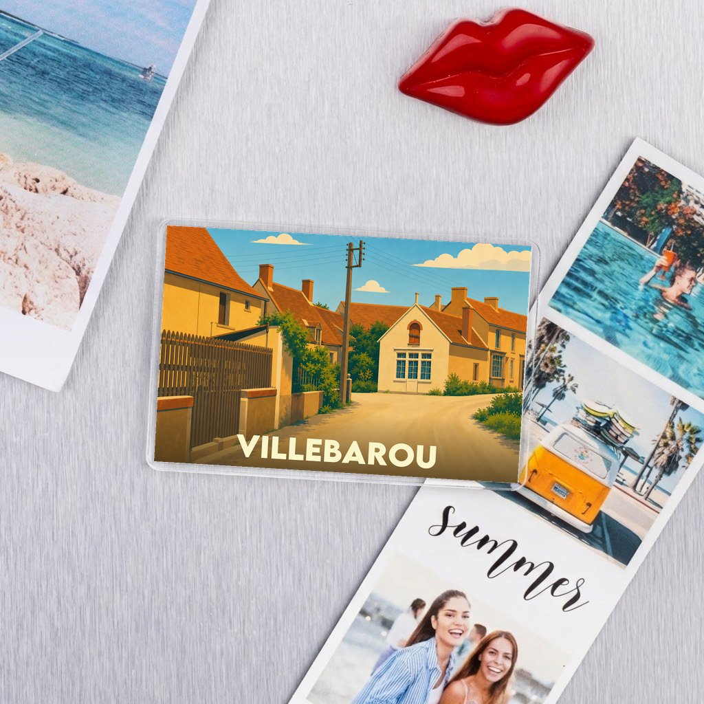 Magnet souvenir de la ville de Villebarou avec une illustration colorée de maisons typiques sous le soleil.