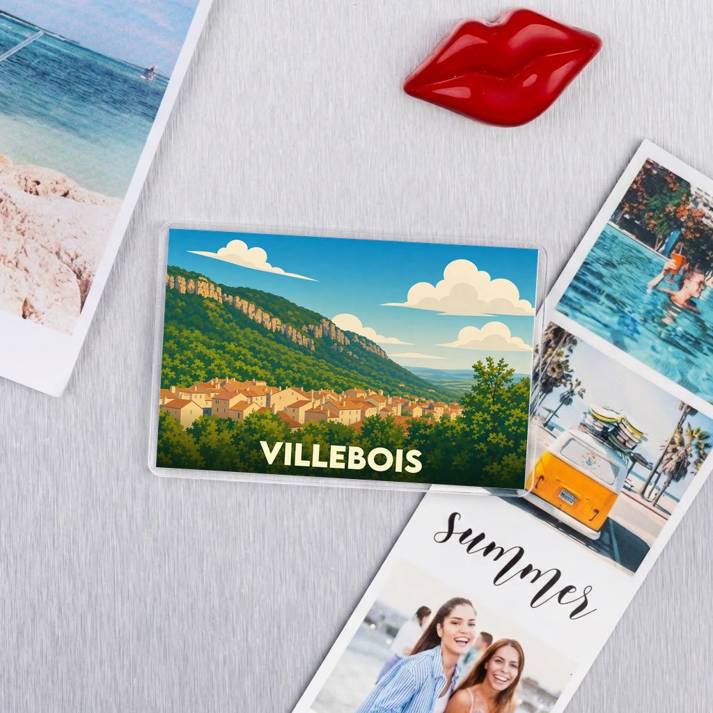 Magnet souvenir de la ville de Villebois avec une illustration stylisée de son paysage montagneux.