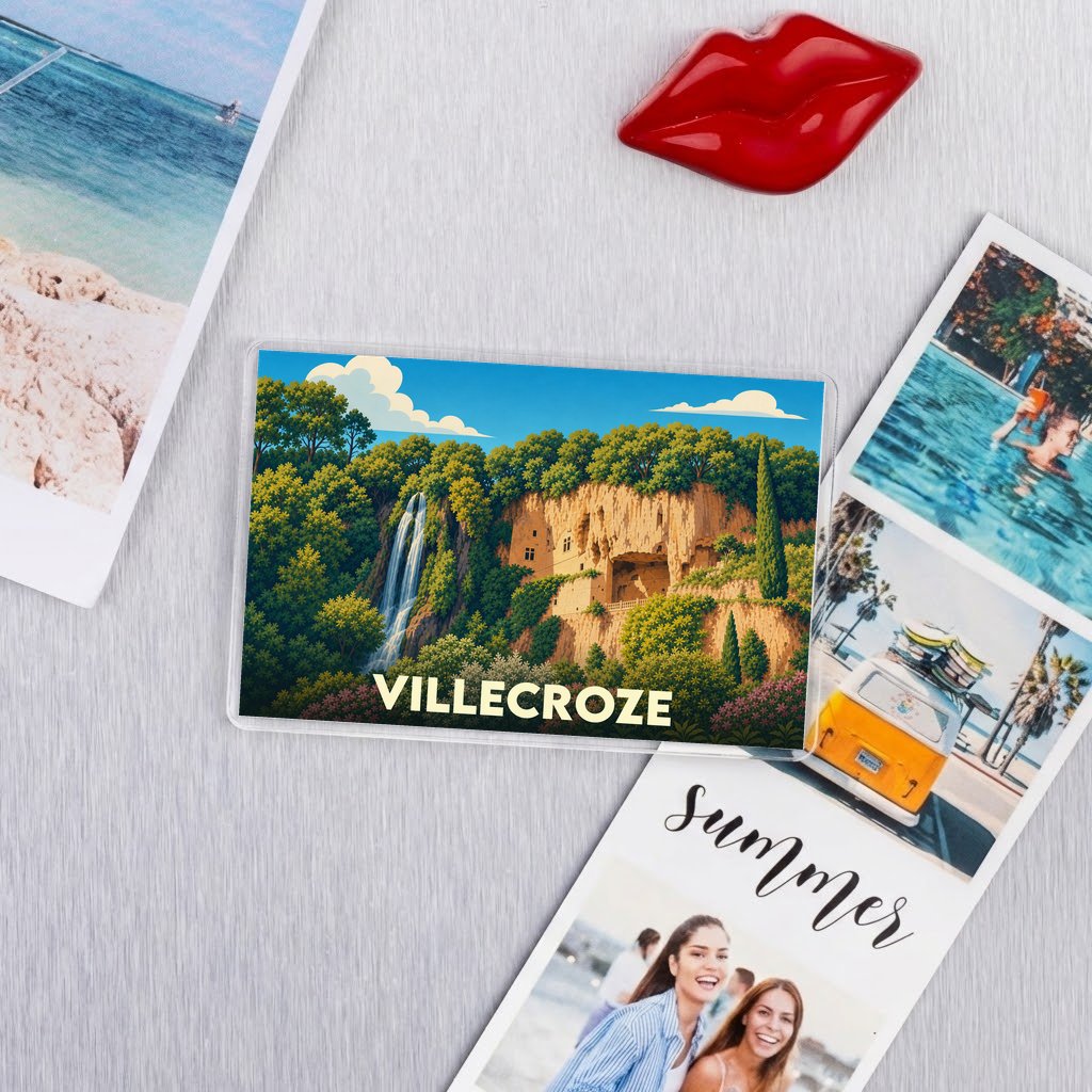 Magnet souvenir de la ville de Villecroze avec une illustration stylisée de ses grottes et de sa cascade.