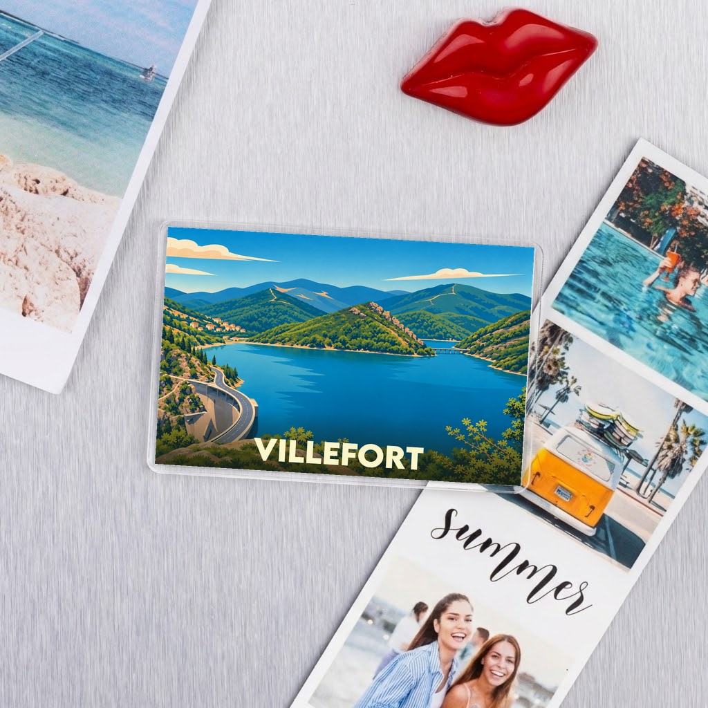 Magnet souvenir de Villefort représentant son lac et ses montagnes dans un style graphique épuré.