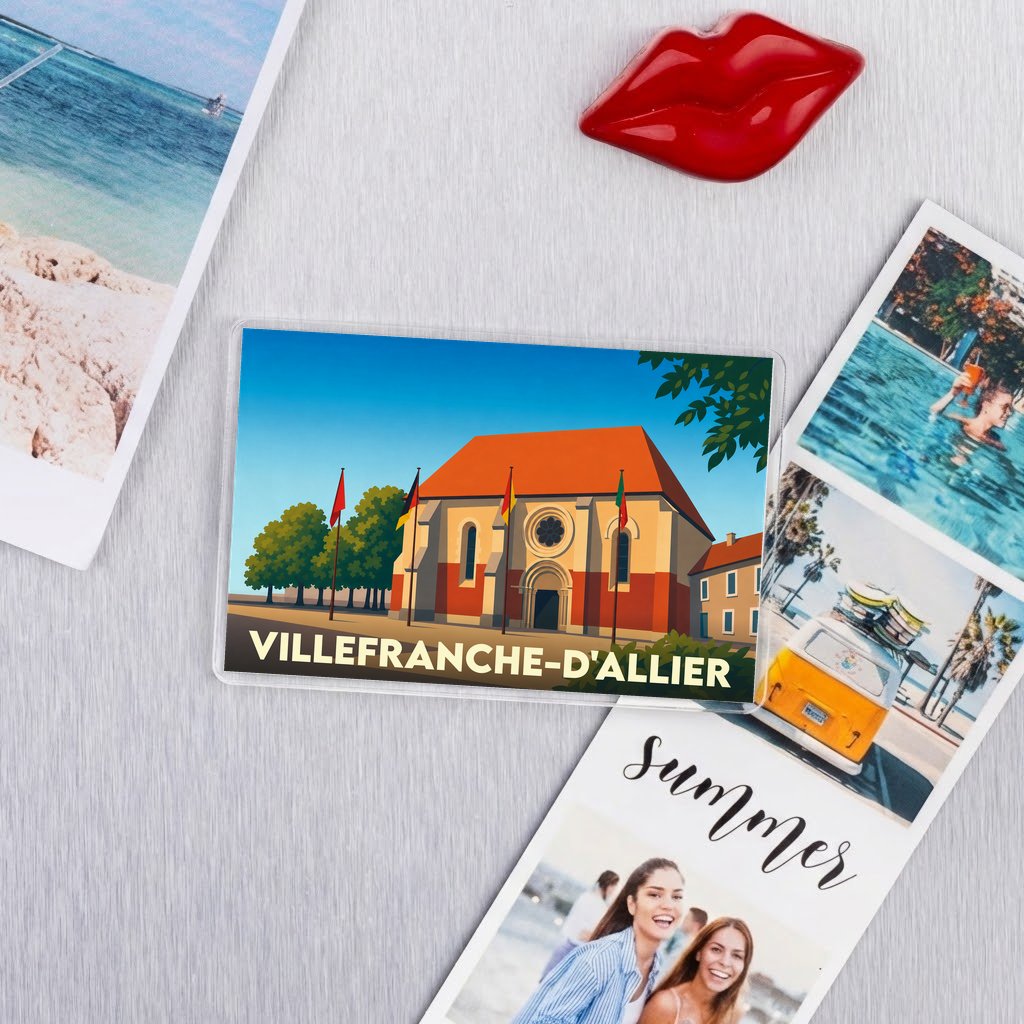 Magnet souvenir de la ville de Villefranche-d'Allier avec une illustration stylisée de son église.