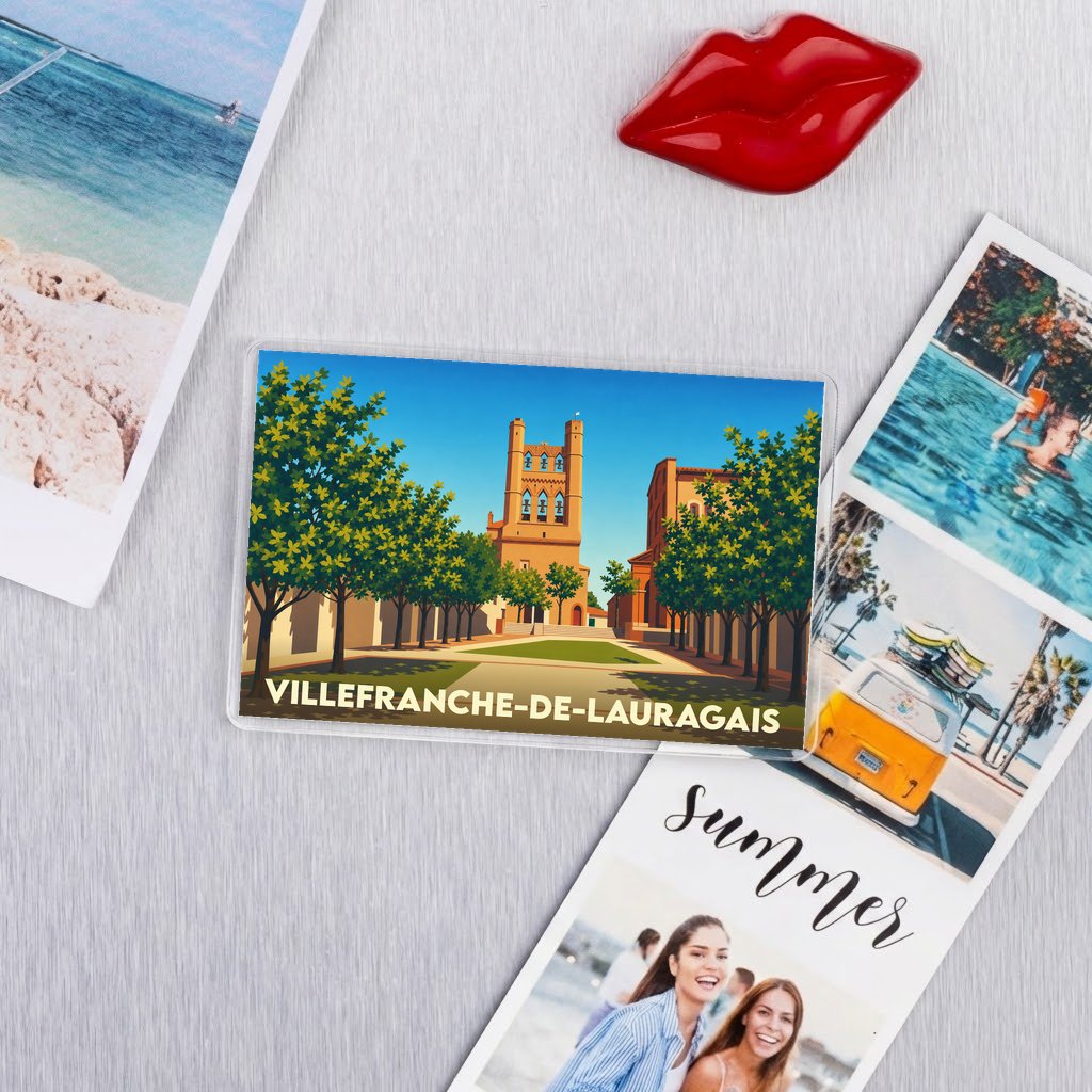Magnet souvenir de la ville de Villefranche-de-Lauragais avec une illustration stylisée.