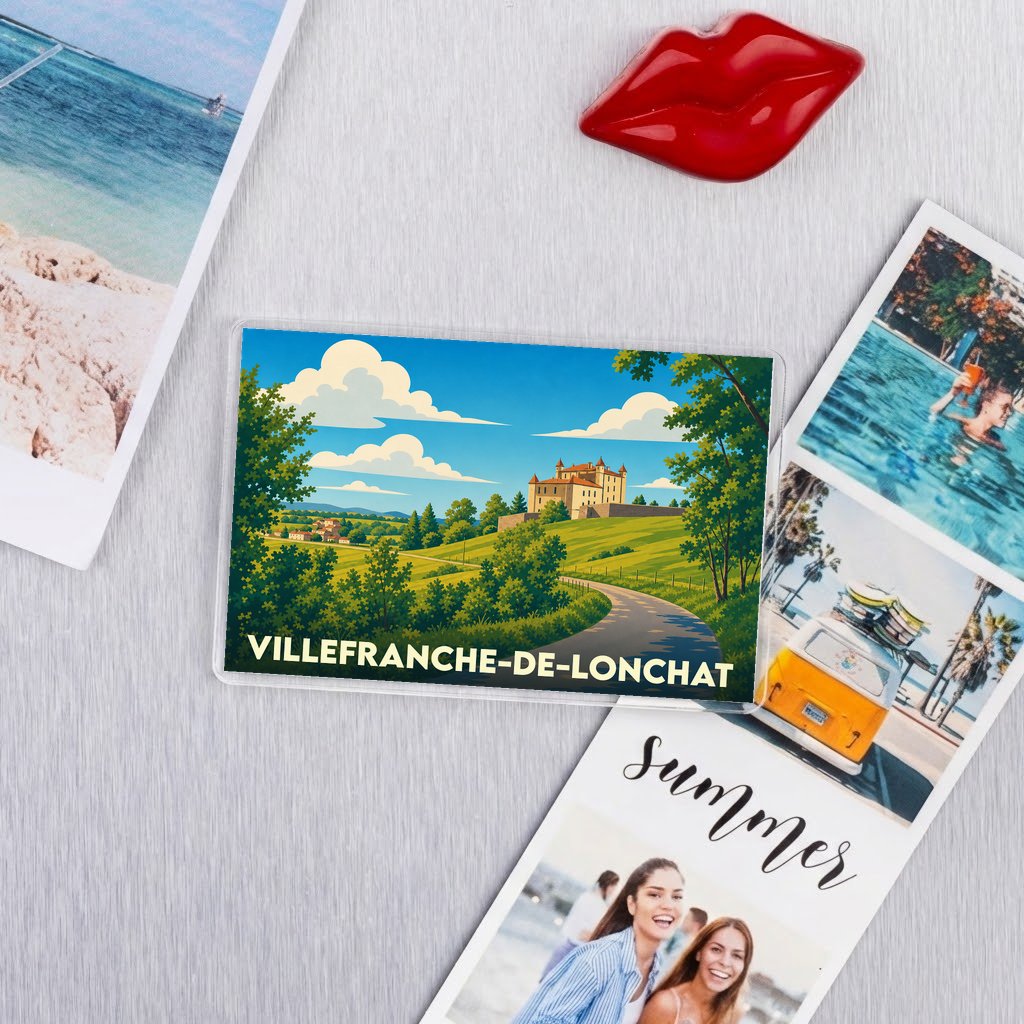 Magnet souvenir de la ville de Villefranche-de-Lonchat avec une illustration de son paysage et de son château.