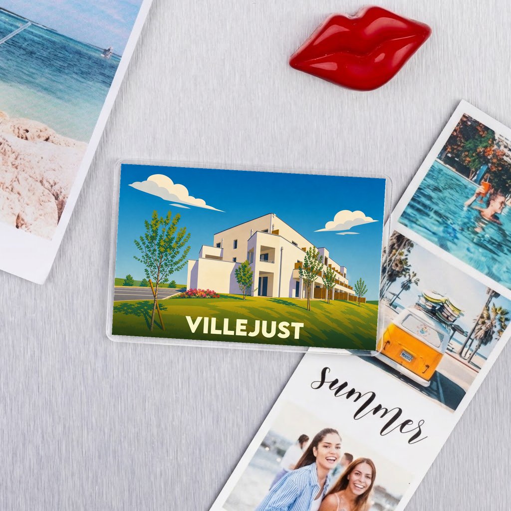 Magnet souvenir de la ville de Villejust avec une illustration stylisée d'un bâtiment moderne.