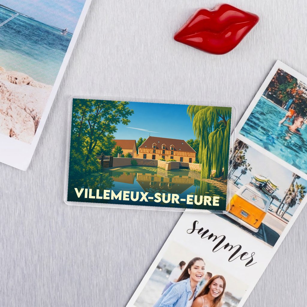 Magnet souvenir de la ville de Villemeux-sur-Eure avec une illustration stylisée d'un moulin au bord de l'eau.