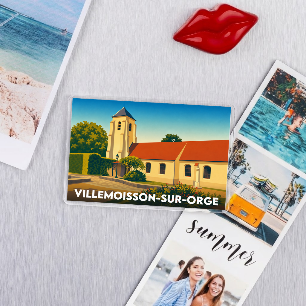 Magnet souvenir de la ville de Villemoisson-sur-Orge avec une illustration stylisée de son église.