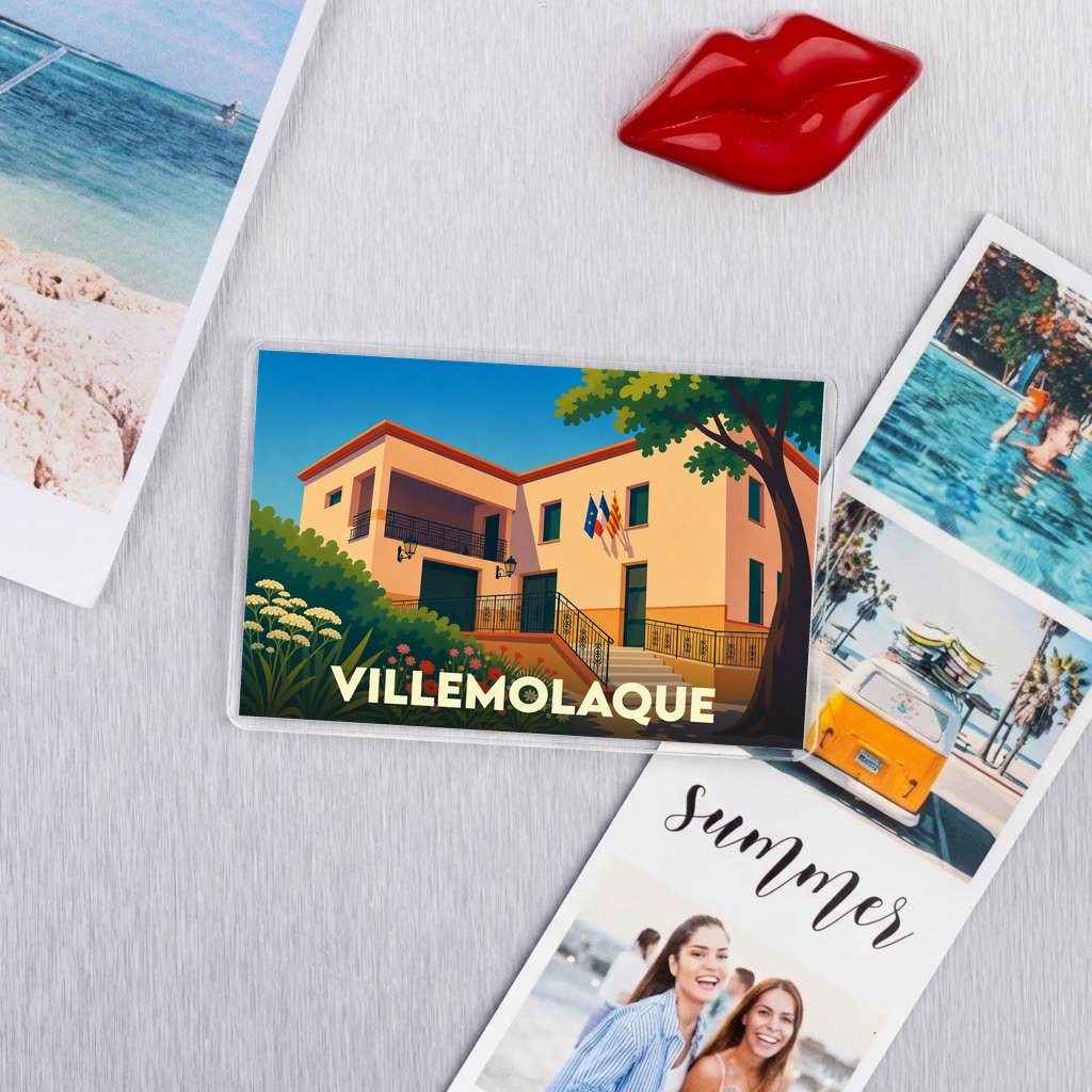 Magnet souvenir de la ville de Villemolaque avec une illustration stylisée de sa mairie.