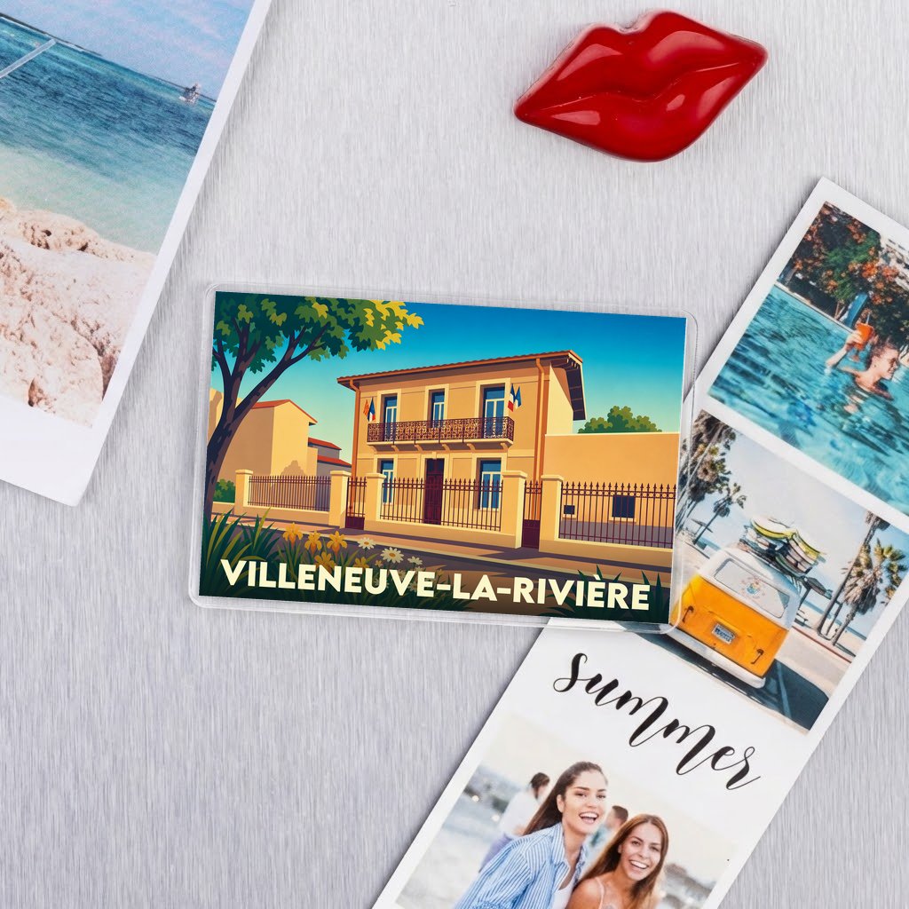 Magnat souvenir de la ville de Villeneuve-la-Rivière avec une illustration stylisée de sa mairie.