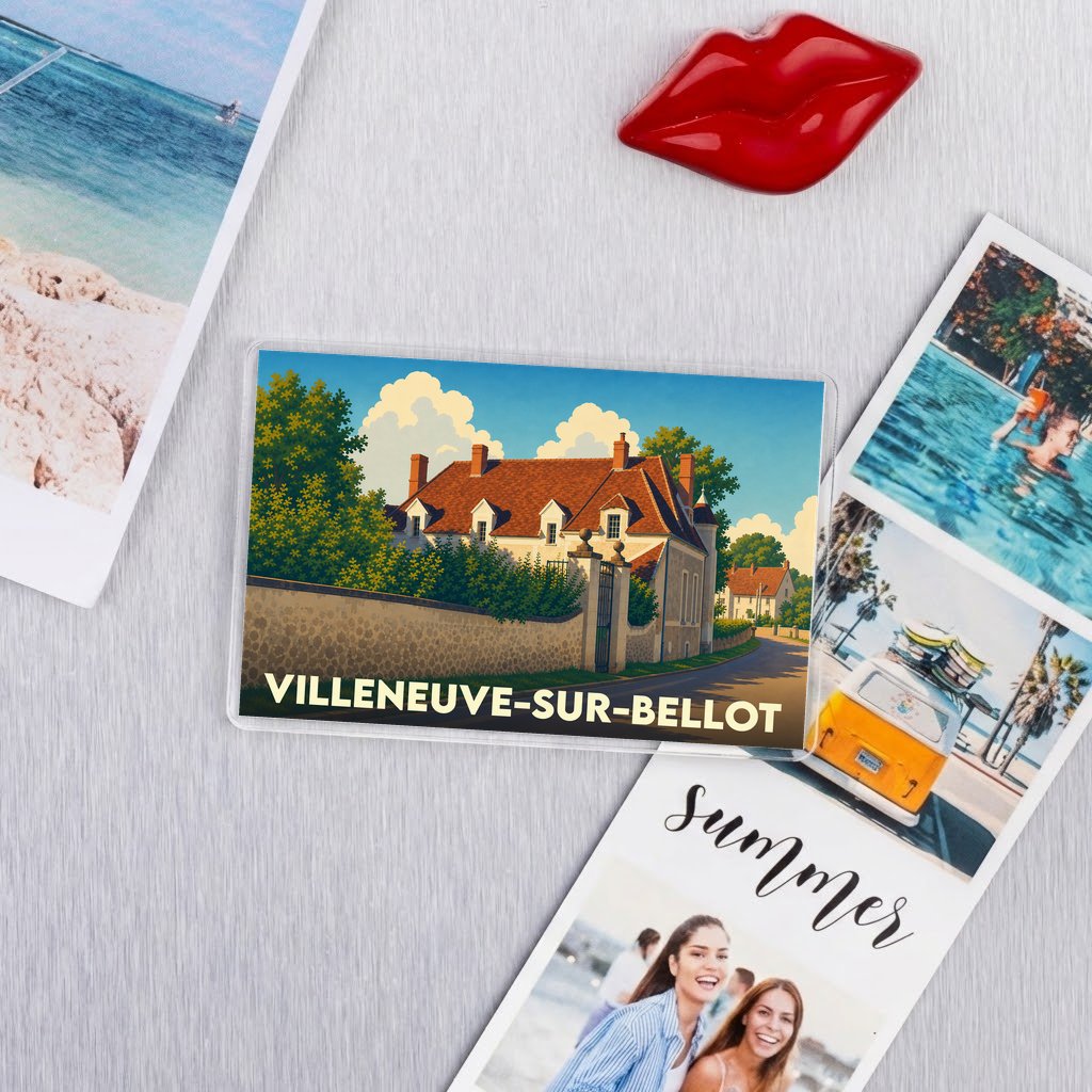 Magnet souvenir de la ville de Villeneuve-sur-Bellot avec une illustration stylisée d'une maison traditionnelle.