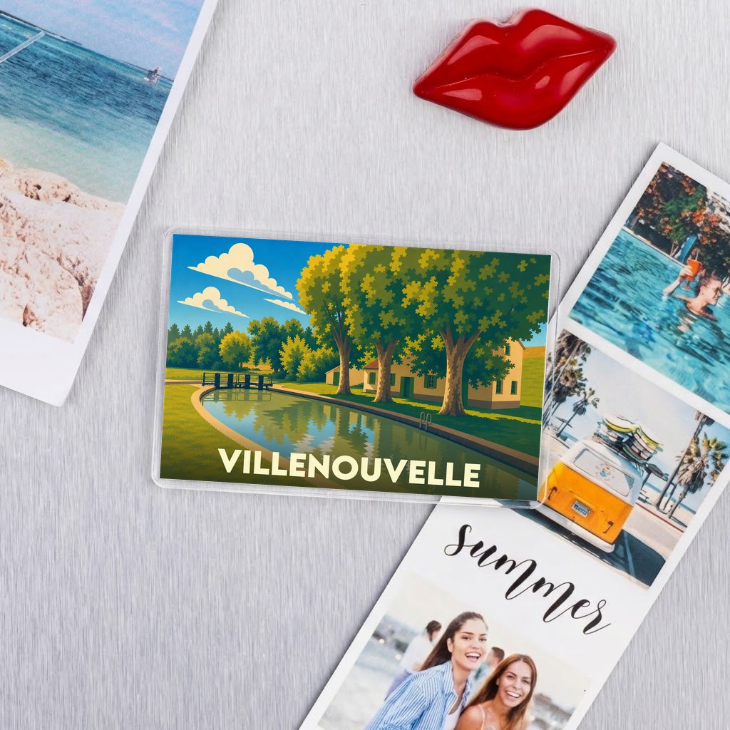 Magnet souvenir de la ville de Villenouvelle avec une illustration colorée d'un canal.