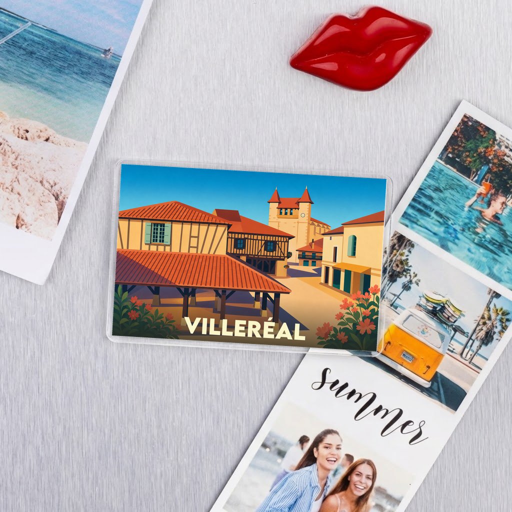 Magnet souvenir de la ville de Villeréal avec une illustration colorée et stylisée.