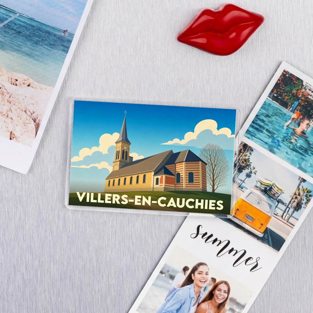 Magnet souvenir de la ville de Villers-en-Cauchies avec une illustration stylisée de son église.