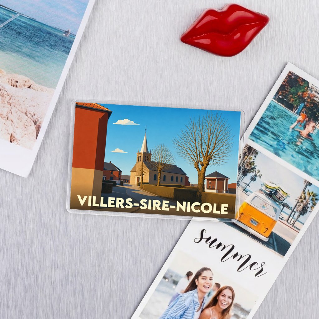 Magnet souvenir de la ville de Villers-Sire-Nicole avec une illustration stylisée.