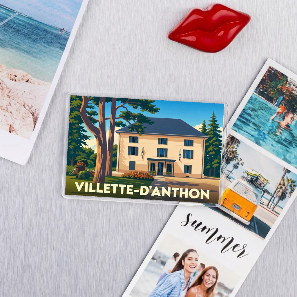 Magnet souvenir de la ville de Villette-d'Anthon avec une illustration stylisée d'une grande maison bourgeoise.