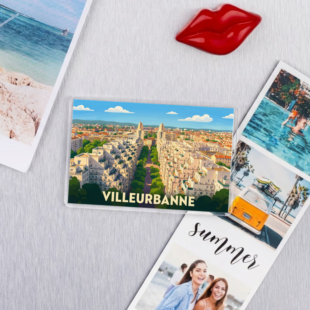 Magnet souvenir de la ville de Villeurbanne avec une illustration stylisée de son quartier des Gratte-ciel.