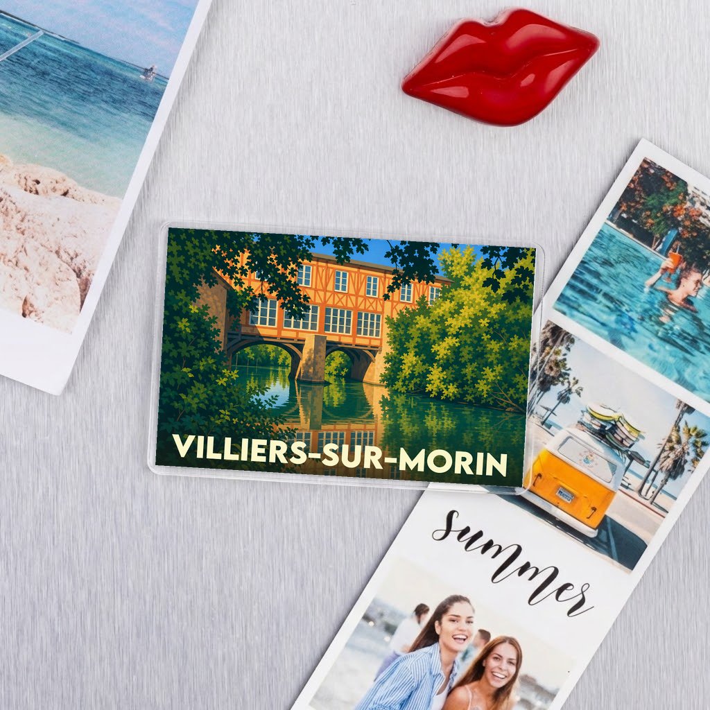 Magnet souvenir de Villiers-sur-Morin illustrant un moulin au bord de l'eau dans un style graphique épuré.