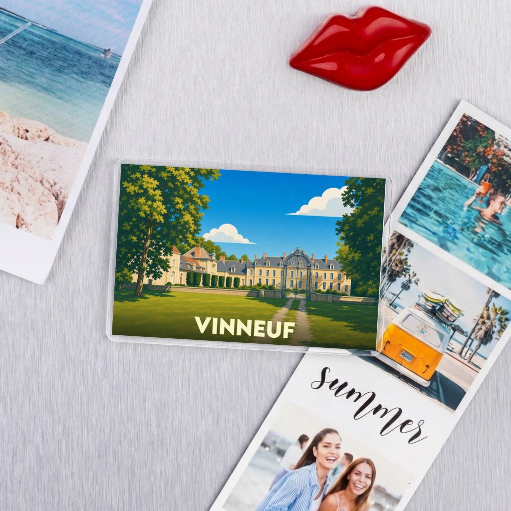 Magnet souvenir de la ville de Vinneuf avec une illustration stylisée d'un château entouré de verdure.