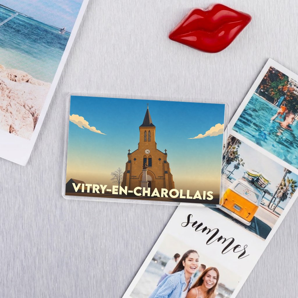Magnet souvenir de la ville de Vitry-en-Charollais avec une illustration stylisée de son église.