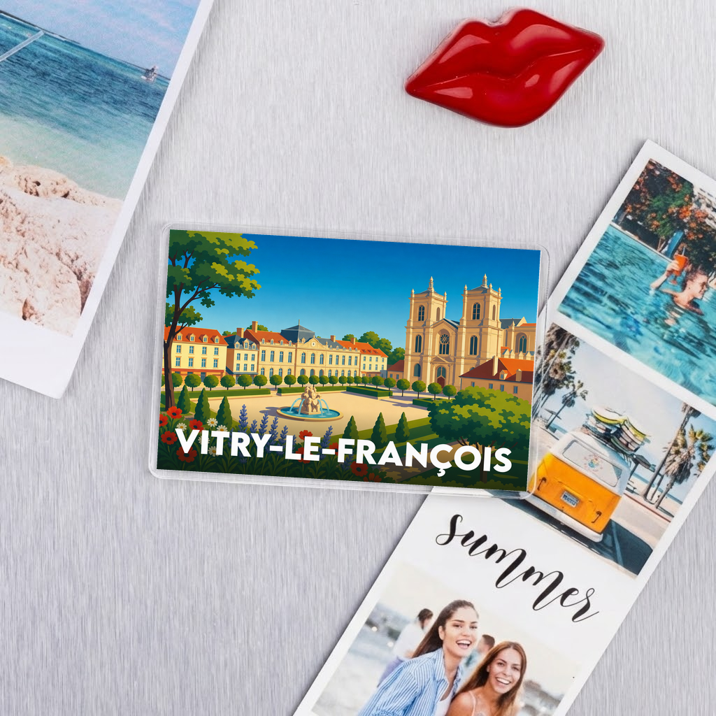 Magnet souvenir de la ville de Vitry-le-François avec une illustration colorée de sa place principale.