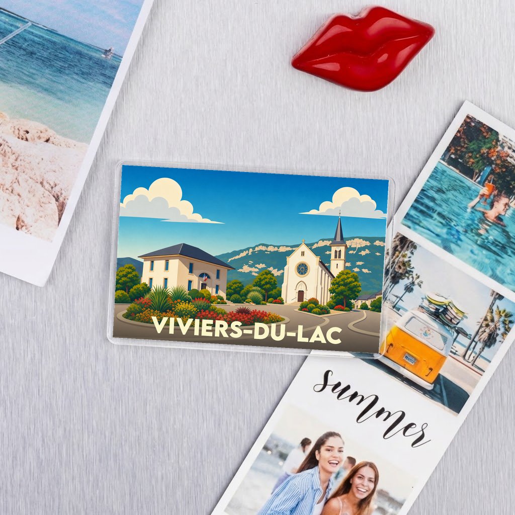 Magnet souvenir de la ville de Viviers-du-Lac avec une illustration stylisée et colorée.