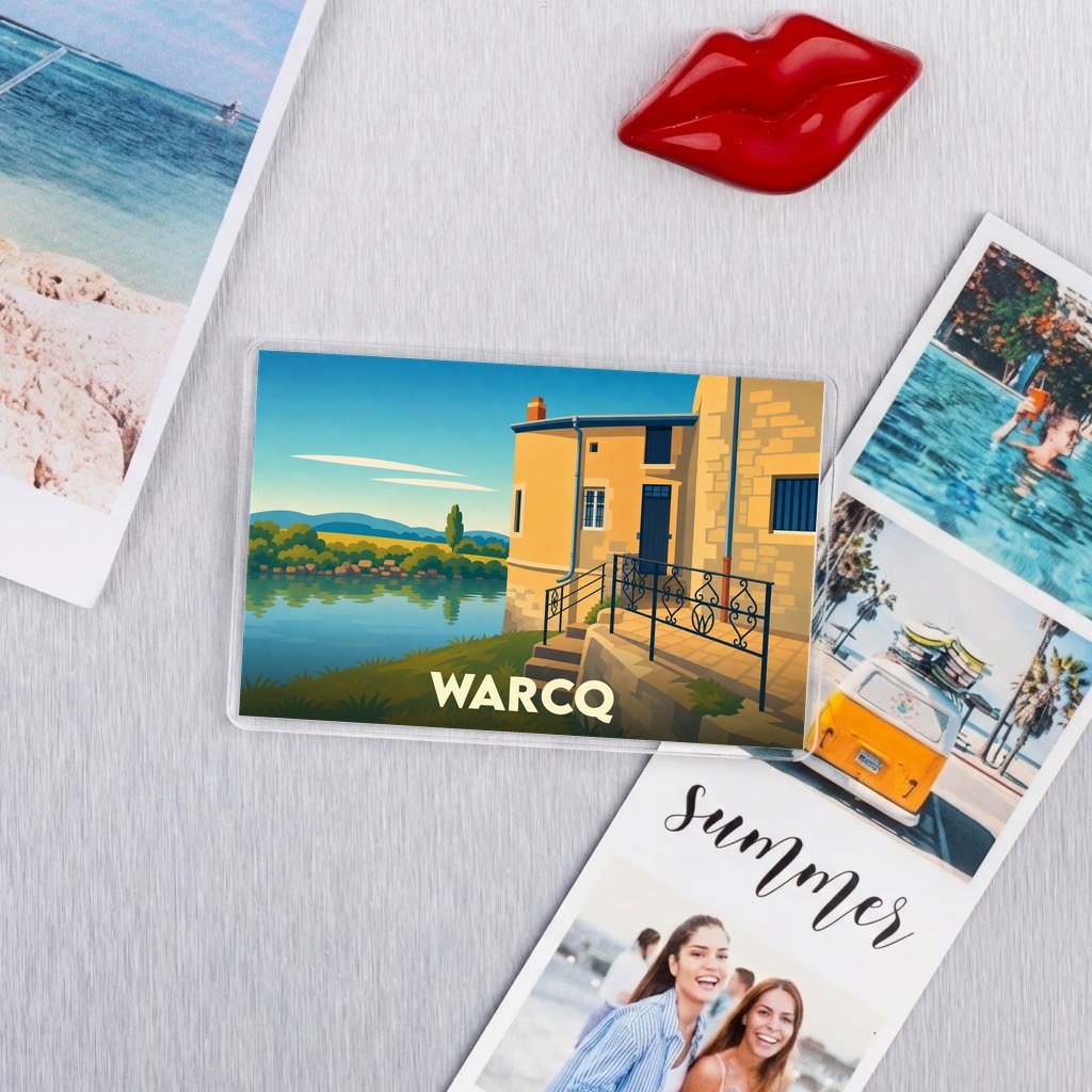 Magnétique souvenir de la ville de Warcq avec une illustration stylisée d'un bâtiment au bord de l'eau.